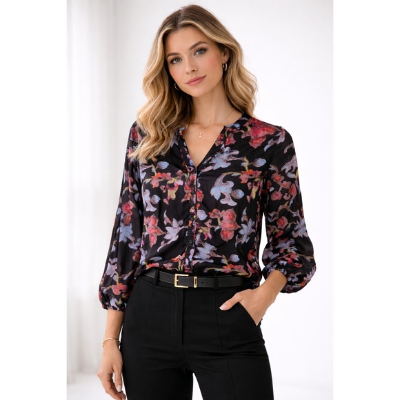 Tolani Tops - Tolani Velvet Burnout Blouse Women's Large Black Floral Artsy Boho Whimsigoth